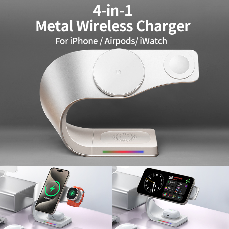 Wireless Charger Watch - メタルシェル4in1ワイヤレス充電器 iPhone 16/15/14/13/12対応 磁気急速充電ステーションスタンドドック Apple Airpods/Watch用