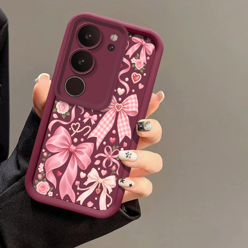 Vivo X200 - Vivo X200 FE、X100S、X90、X80、X70 Pro、X60、X23対応、リボンと花のモチーフが施されたスマートフォンケース。レンズを保護するソフトシリコン製の保護カバー。