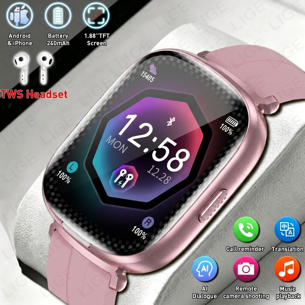 Smartwatch Headset - LIGE 2-in-1 TWSヘッドセット スマートウォッチ 1.88インチ メンズ