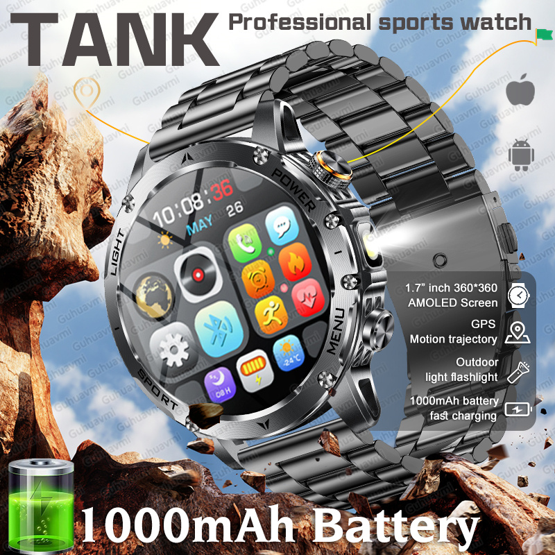 Wireless Charger Watch - 2026 新しいスマートウォッチ男性 1000mAh バッテリー屋外懐中電灯時計 Bluetooth 通話軍事防水スポーツフィットネススマートウォッチ