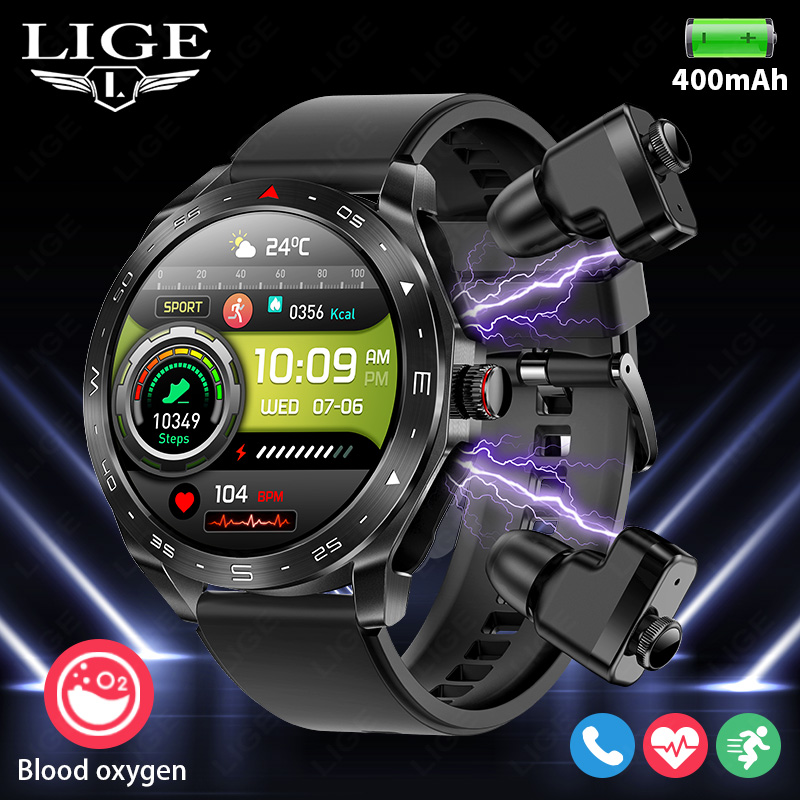 Smartwatch Headset - Lige-男性と女性のためのイヤフォン付き防水スマートウォッチ,Bluetoothヘッドセット,音楽制御,スポーツ